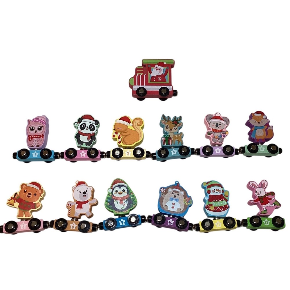 Christmas Wooden Magnetic Train Set 12 Numbered Animals Santa Engine with Case